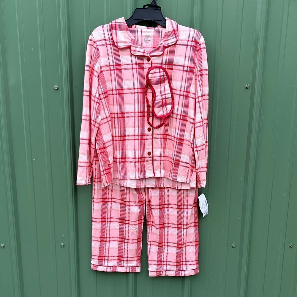Red & Pink Plaid Pajama with Eye Mask Lounge Set Size L Plus